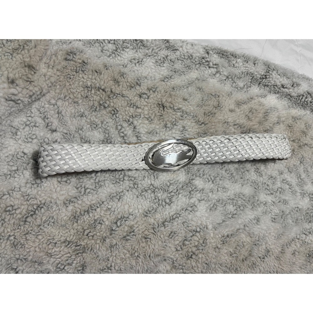 VTG y2k Lacoste White Braided Leather Belt Silver Crocodile Logo Buckle Sz M